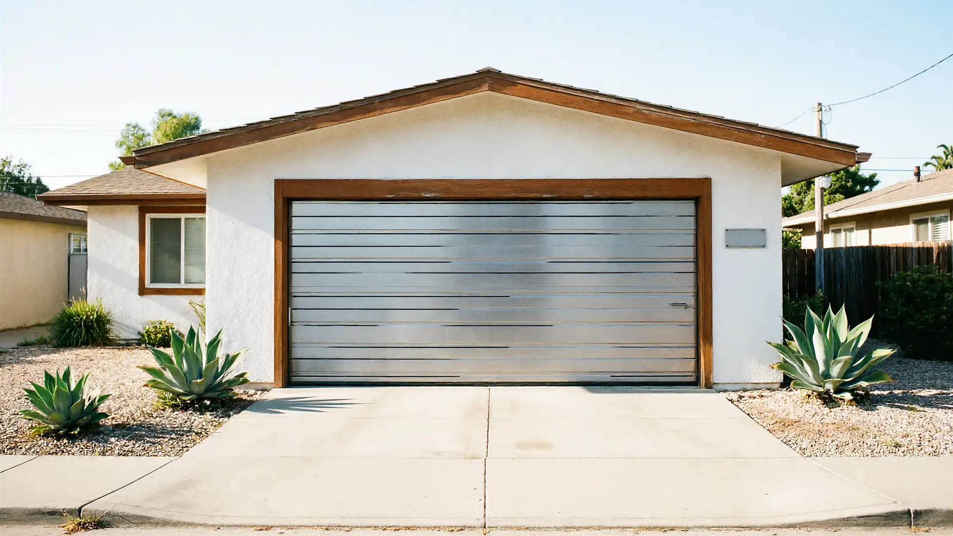 The house has a modern silver garage door with horizontal lines and a wooden frame.